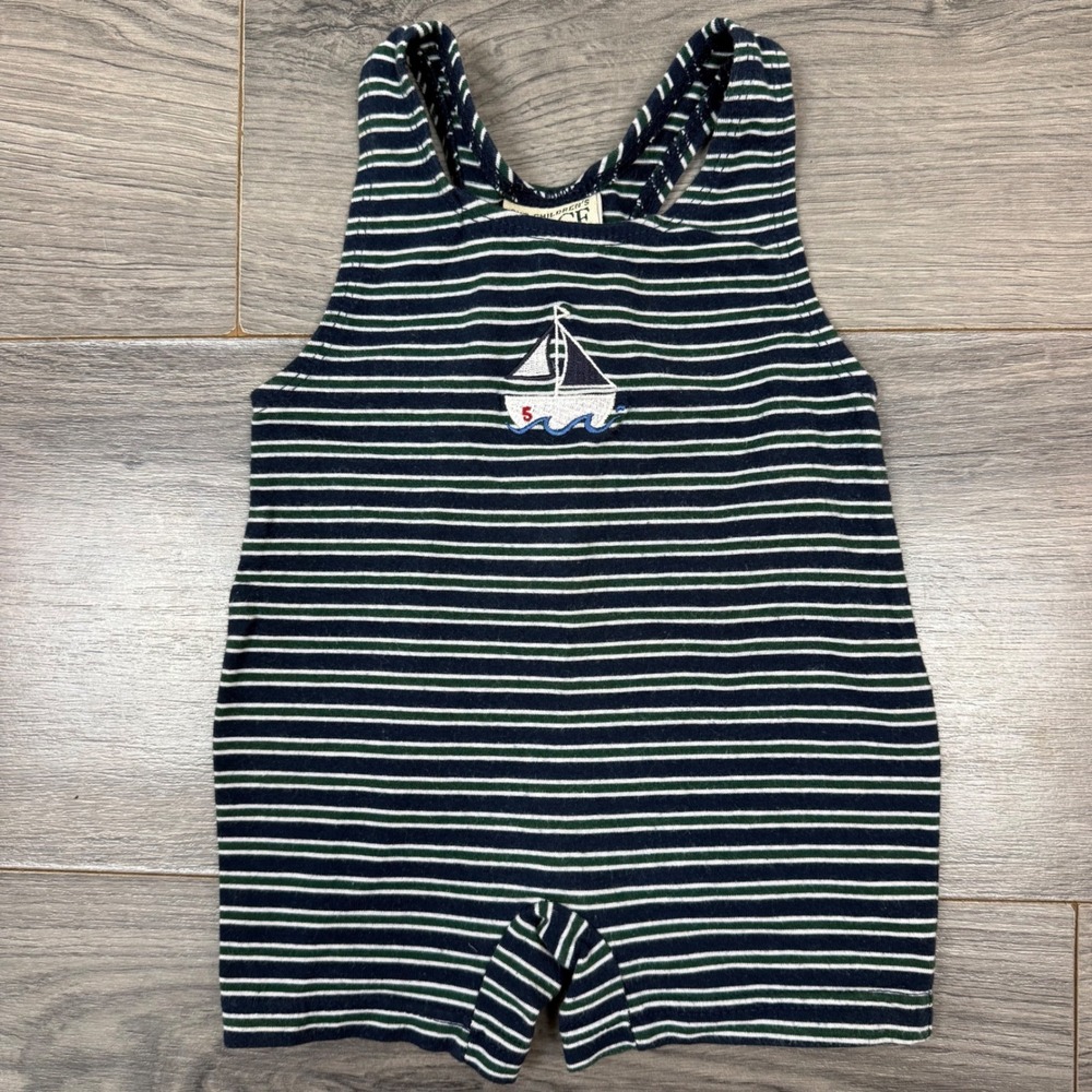 Children's Place Nautical Sailboat Striped Romper Navy Green 18 Months Preppy